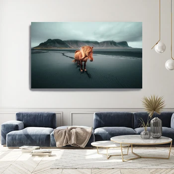 Arklys, stovintis ant vandens Plakatai ir atspaudai Islandijos peizažas Drobė Tapyba Sienų meno paveikslėliai Namų baro kambario dekoravimas