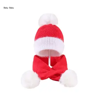 Christmas Baby Beanie Bonnet Kepurė su plaukų kamuoliuku ir kaklo šaliku Rinkinys kūdikiui Q81A