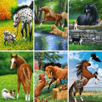 Deimantų tapybos rinkiniai suaugusiems Šuo ir arklys, Kalnų krištolo tapyba, Deimantų meno gyvūnas, Pasidaryk pats 5D pilnas grąžtas Deimantų menas, Amatai