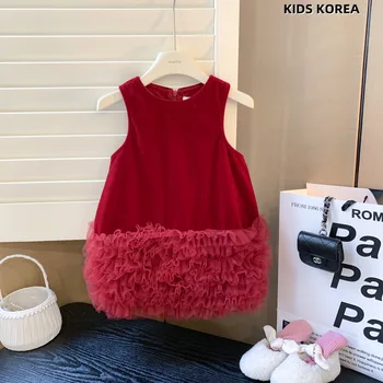 Girls Casual Dresses Baby New Korean Red Happly Woolen Woolen Fabric Splicing Mesh Yarn Plush Princess Vest Sijonas Round Collar