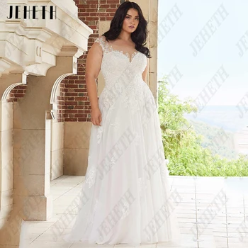 JEHETH Elegantiškos vestuvinės suknelės plius dydžio kepurės rankovės Nuotakos suknelės be nugaros Nėrinių aplikacija A-Line Sweep Train vestidos de novia