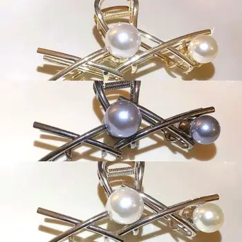 Korėjiečių elegantiškas perlų kryžiaus nagų spaustukas Didelis metalinis ryklio spaustukas Ladies Fashion Ponytail laikiklis Plaukų aksesuarai mergaitėms moterims