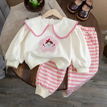 Mergaičių drabužių rinkiniai Rudens pavasario animacinių filmų džemperių viršūnės+dryžuotos kelnės Korėjietiško stiliaus kūdikių mergaičių aprangos komplektas Vaikiški drabužių kostiumai