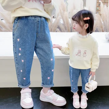 Mergaičių kelnės Pavasario rudens sezonas 2024 Vaikiškos kelnės Pavasarinė suknelė Kūdikių džinsai Vaikiškos siuvinėtos elastinės kelnės