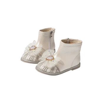 Nauji vaikiški batai Girls Princess Fashion Bow Pearl Ankle odiniai batai Baby Toddler Flat Lining Plush Student Kids Crystal 5A