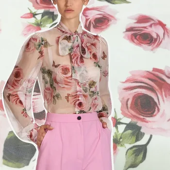 Rose Printed 100% Šifono poliesterio audinys Italijos prekės ženklas Mada Ploni drabužiai Marškiniai Audinys Suknelės siuvimui per metrą