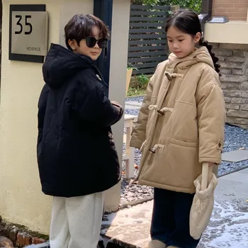 Ruduo žiema Korėjiečių vaikų mergaitė Parka medvilnė paminkštintas sustorėjęs gobtuvas mažylis mergaitės paltas Casual Solid Horn Button Vaikų mergaičių striukė