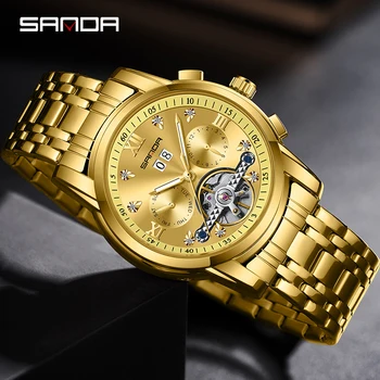 SANDA Vyriškas laikrodis Prabangus auksinis turbilonas Mechaninis laikrodis Šviečiantis vandeniui atsparus mados verslo laikrodis Vyrams Laikrodis Reloj Hombre