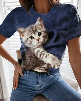 Vasara Moteriški marškinėliai Animal Cat 3d Print marškinėliai Moterų mada Marškinėliai trumpomis rankovėmis Girl Tops Tees Moteriški drabužiai