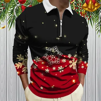 Vyriški kalėdiniai polo marškinėliai Pusiau užtrauktuku 3D grafiškai atspausdinti marškiniai ir palaidinės Naujųjų metų vakarėlio atlapai ilgomis rankovėmis Vyriški marškiniai Drabužiai