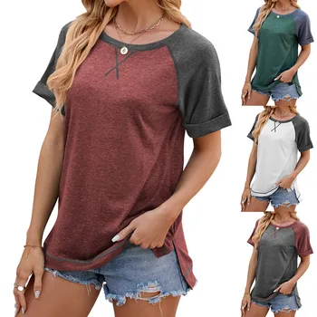 Women's Fashion Contrast Round Neck Button Hem Split marškinėliai Top Summer Casual Comfortable Versatile Daily Shirt 한국인 리뷰많은 옷