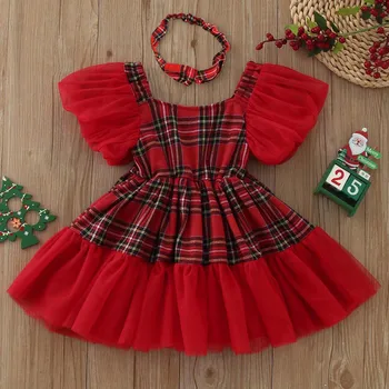1-5 metai Mažylių mergaičių kalėdinė suknelė trumpomis rankovėmis Raudonas kalėdinis pledas Atspaudai Tiulis Tutu suknelė Drabužiai Karnavalo vakarėlio suknelės