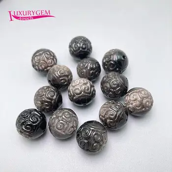15mm Aukštos kokybės natūralios sidabro spalvos obsidiano raižinio raštas Apvalios formos laisvi karoliukai 