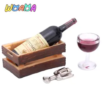 1Set Dollhouse miniatiūriniai raudonojo vyno buteliai vyno stiklinių butelių atidarytuvas w/box virtuvės modelis dekoras Žaislinių lėlių namų aksesuarai