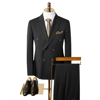2 gabalas Vyriški kostiumai Slim Fit Double Breasted Stripe Pinstripe Lapel Neck Business Vyriški kostiumai vestuvėms (Blazer+Pants)