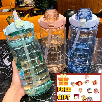 2 litro lauko sportiniai gėrimo buteliai su laiko žymekliu Vandens butelis su šiaudeliais Didelės talpos lauko puodelis Fitneso vandens butelis