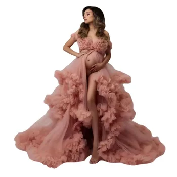 2023 Motinystės prom suknelė Rožinė fotografija Rekvizitai Kūdikių dušai Fotosesija Nėščia raukiniai suknelė Elegantiškos vakarėlio vestuvinės suknelės
