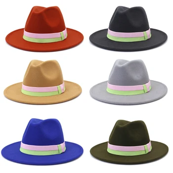 2023 Nauja Unisex juostelė Felt Fedora skrybėlė Britų stiliaus vilnonis džiazas Top Felt Kepurės Fedora Nauja rudens žieminė skrybėlė Didelės brimmed skrybėlės