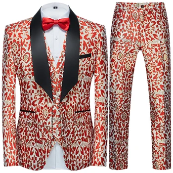 2023 Naujas vyriškas atsitiktinis Sina Wedding Slim Host Gėlių kostiumo komplektas 3 Dalių Blazers Švarko suknelė Kelnės Kelnės Liemenė Liemenė Suknelė Paltas