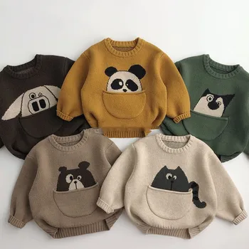 2023 Rudens žiema Naujas animacinis puloveris Megztinis Berniukai Kišeninis Panda Megzti marškiniai Mergaitės Laisvos mielos viršūnės Vaikai Visų rungtynių drabužiai