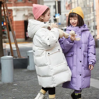 2023 Žiema - 25 laipsnių vaikų drabužiai Violetinis ilgas ančių paltas mergaitėms Madinga šilta rožinė pūkinė striukė mergaitėms su gobtuvu