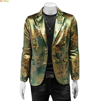 2024 Naujas auksas Atspausdintas vintažinis plonas kostiumas Švarkas Vyriškas viengubas krūtinės V-Neck Blazers Vestuvių vakarėlis Vyriškos suknelės Paltas Raudonai žalias
