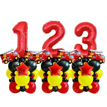 33vnt./lotas Gaisrinės sunkvežimio balionų bokštas su 1-9 raudonomis figūrėlėmis balionas ugniagesiams Teminis Vakarėlio dekoravimas Vaikų gimtadienis 