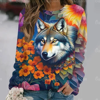 3d Wolf Print Moteriški marškinėliai Mada ilgomis rankovėmis Tops Gotikiniai megztiniai O-Neck Rudens žiema Vintažiniai moteriški laisvi drabužiai