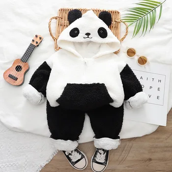 Autumn Wibter Young Kid Bot 2PCS drabužių komplektas Sujungtas animacinis filmas Panda Ears Pullovers Apranga Fleece Thicken Solid Pant Baby Boy kostiumas