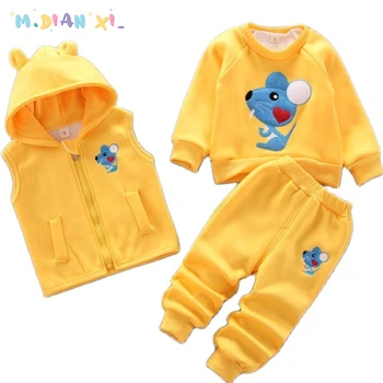 Baby Boys Girls Autumn Winter Mouse Fleece Hoody Jacket Coat Pants 3Pc Suit Infant Kids Children Sports Toddler Šilta apranga