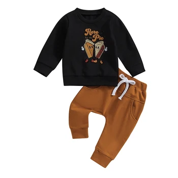 Baby Boys Pants Set Long Sleeve Crew Neck Letters Pie Print Džemperis su elastiniu juosmeniu Sportinės kelnės Kūdikių drabužiai