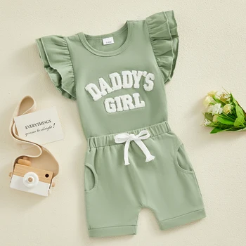Baby Girl 2Pcs Summer Outfits Fly Sleeve Letter Siuvinėjimo viršūnės Šortai Komplektas Kūdikių drabužiai