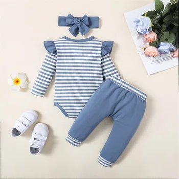 Baby Girl Fall Outfit Romper Pant Set Ruffled Long Sleeve Romper Striped Bodysuit Drawvired Pants Headband 3vnt