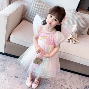 Baby Girls Dress 2023 Summer Seaside Holiday Wear Butterfly Winged Rainbow Princess Dress Kids Clothing Children Sequins Dresses