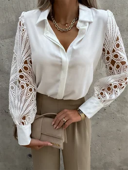Balta seksuali nėrinių tuščiavidurė moteriška palaidinė 2023 Juodi vintažiniai sagos aukštyn marškiniai Viršus Tinklelis ilgomis rankovėmis Dizainas Tops Femme 19948