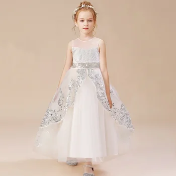 Baltos ilgos pamergės vaikiškos suknelės mergaitėms Blizgučių suknelė Vakarėlis ir vestuvinė suknelė Mergaičių drabužiai Princesės suknelė 4 10 12 metų