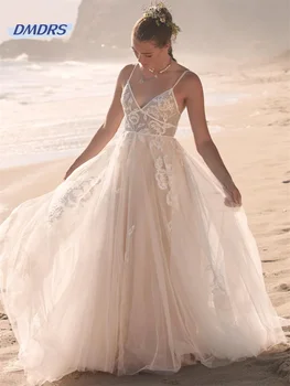 Beach Appliques Deep V-neck Wedding Dress Pastrol Spaghetti Straps A-line Bridal Gown Bohemian Vestidos De Novia