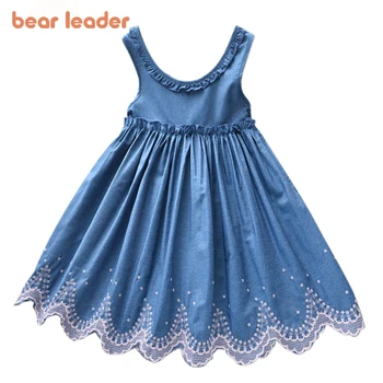 Bear Leader Girls Suknelės Kids Princess Dress Ruffle V-neck Džinsinė suknelė Vaikiški drabužiai Siuvinėjimas Mažylių mergaičių kostiumas