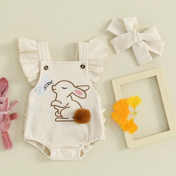 BeQeuewll Baby Girls 2Pcs Velykų apranga Ruffle Sleeve Bunny siuvinėjimo romperis ir galvos apdangalo komplektas Naujagimių drabužiai 0-18Mėn.