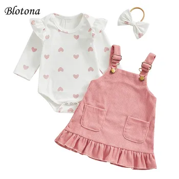 Blotona Baby Girls 3Vnt Pavasario apranga Sweet Heart Print Romper + Pakabos sijonas + Galvos apdangalo komplektas Naujagimių drabužėliai 0-18Months