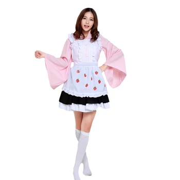 Brdwn Ccarcaptor Sakura Girls Sakura Kinomoto Cosplay kostiumai Braškinė Kimono prijuostės suknelė(Top+Prijuostė+Sijonas)