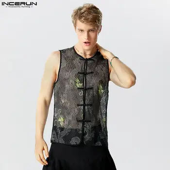Chinoiserie Tops 2023 Handsome Men's Tracery Dragon Pattern Knot Button Waistcoat Casual Party Rodo vyriškas liemenes be rankovių S-5XL