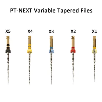 Dental PT-NEXT kintamieji kūginiai failai X1-X5 endodontiniam gydymui 21mm,25mm, 31mm, 1 vienetiniai failai dėžutėje