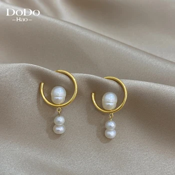 DODOHAO Nauji madingi perlų pakabukų metaliniai lankų auskarai moterims Charm Korean 2022 Simple Pearl auskarų papuošalų dovana