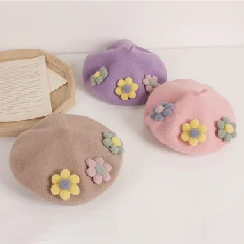 Fashion Kids Girls Berets Caps Princess Floral 3D Flowers Beanies Hats Cute Macarone Color Autumn Winter Warm Caps