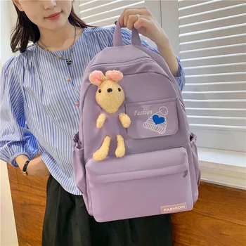 Female Ins Fengri Fashion Simple and Cute Rabbit Doll Backpack Large Capacity Middle School Pradinės mokyklos mokyklinis krepšys itabag