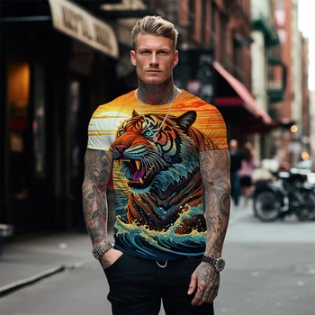 Fierce Tiger 3D spausdinti marškinėliai trumpomis rankovėmis Vyriški gatvės sportiniai laisvalaikio marškinėliai Vasariniai laisvi laisvalaikio apvalaus kaklo oversized marškinėliai