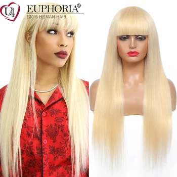 Full Machine Non Nėrinių perukai su kirpčiukais Blondinės tiesių plaukų perukai Brazilijos Remy žmogaus plaukai Ombre Platinum 613 8-28Inch EUPHORIA