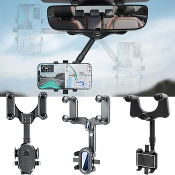 Galinio vaizdo veidrodinis telefono laikiklis, skirtas automobiliui telefonui ir GPS laikikliui 360° Rotaible Multifunction Adjustable Teleskopinis automobilinis telefono laikiklis