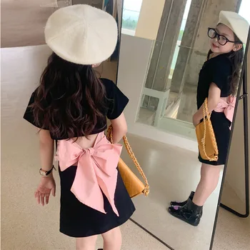 Girls' Bowknot suknelė be nugaros Vaikiški drabužiai 2023 Summer Baby Girl suknelė trumpomis rankovėmis iki juosmens